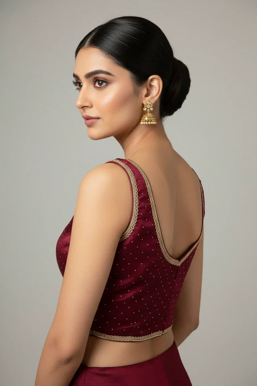 Woman wearing maroon Indian ethnic crop top with gold trim and jhumka earrings, styled with sleek bun