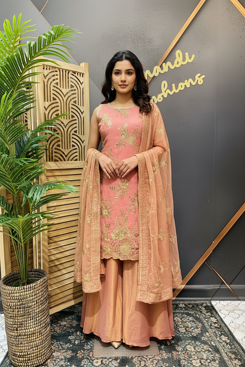 with Gold Zari Embroidered Sharara Set