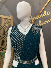 Teal Blue Party Wear Ready to Wear Saree - Georgette with Belt & Silver Work