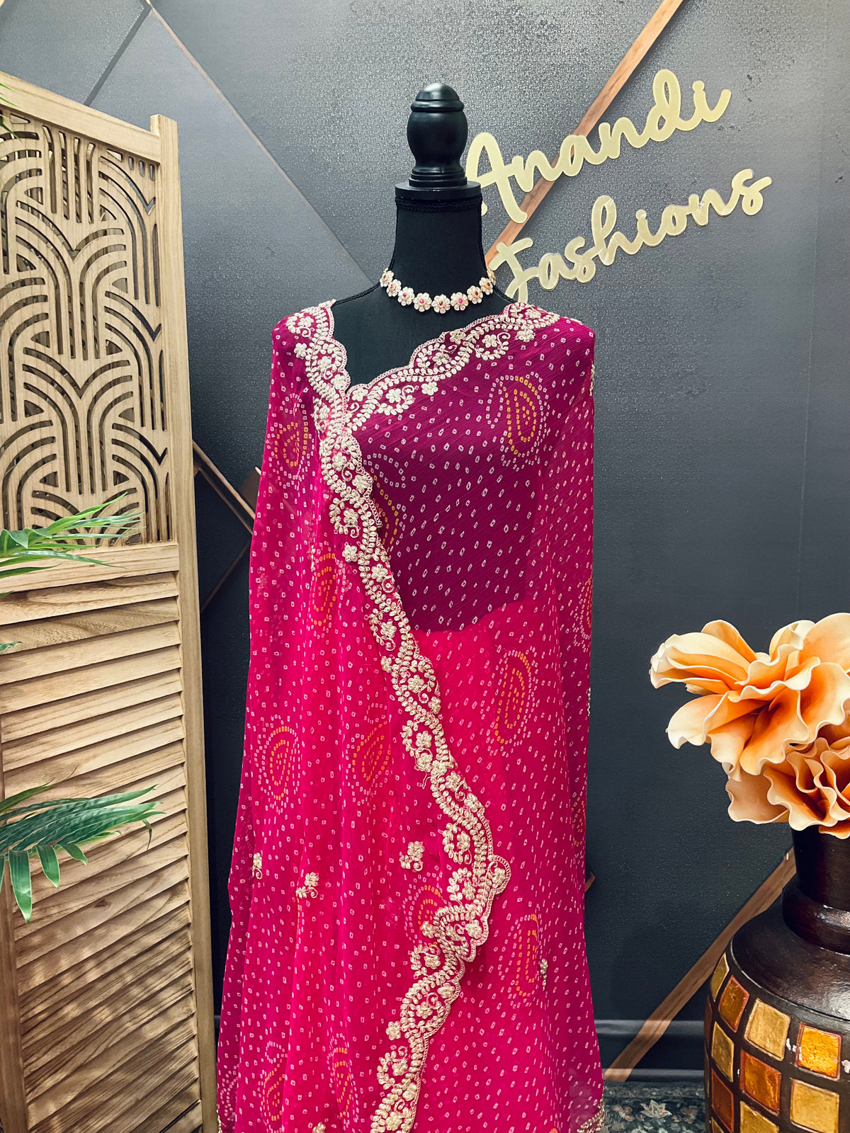 Pink Chiffon Bandhini saree with Embroidery Work