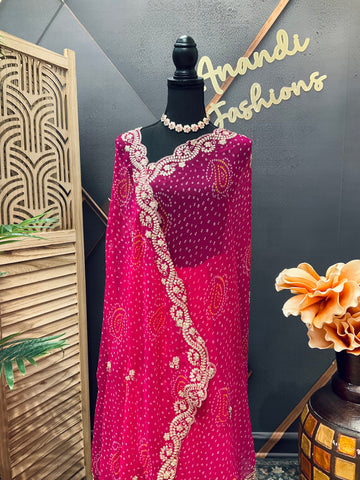 Pink Chiffon Bandhini saree with Embroidery Work