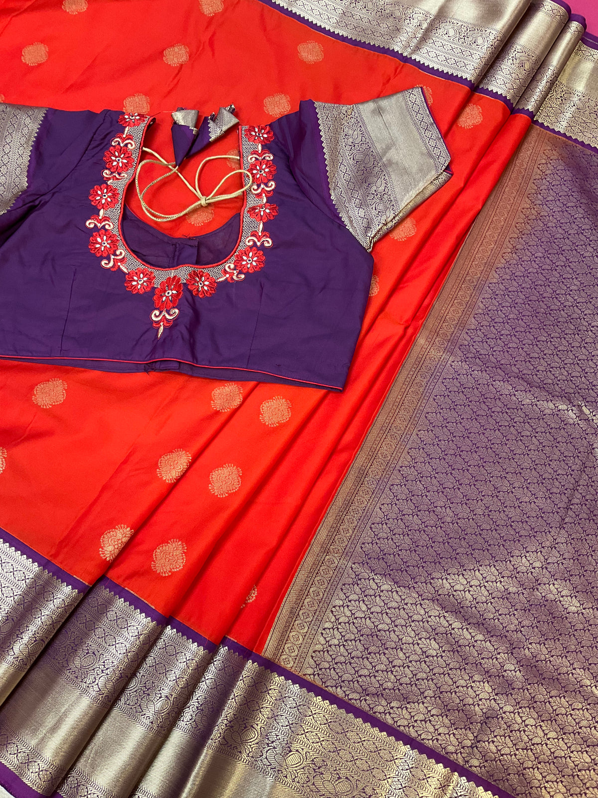 Semi Silk Red Saree with Work Stitched Blouse