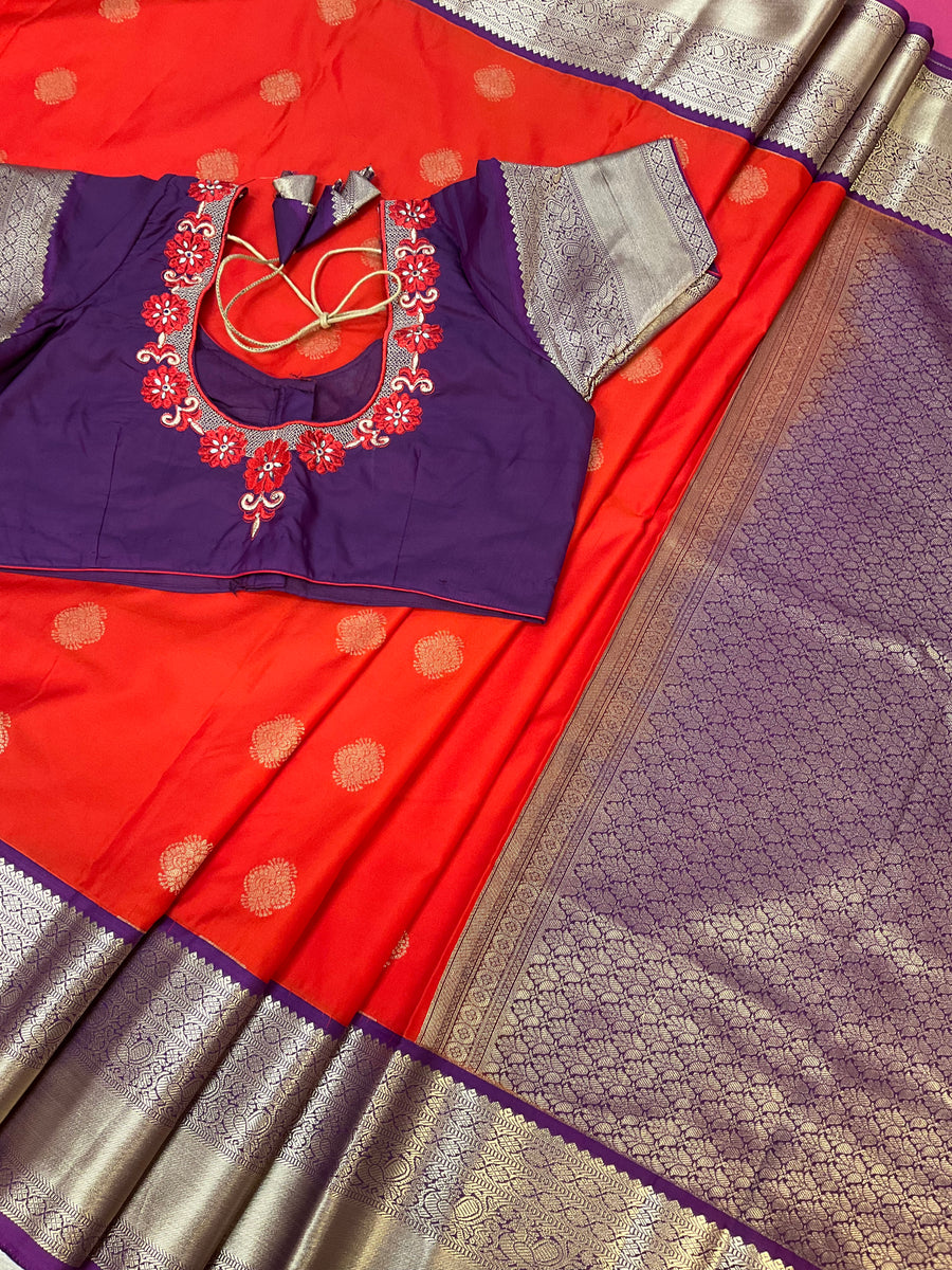 Semi Silk Red with Work Stitched Blouse Embroidered Kanjeevaram Saree