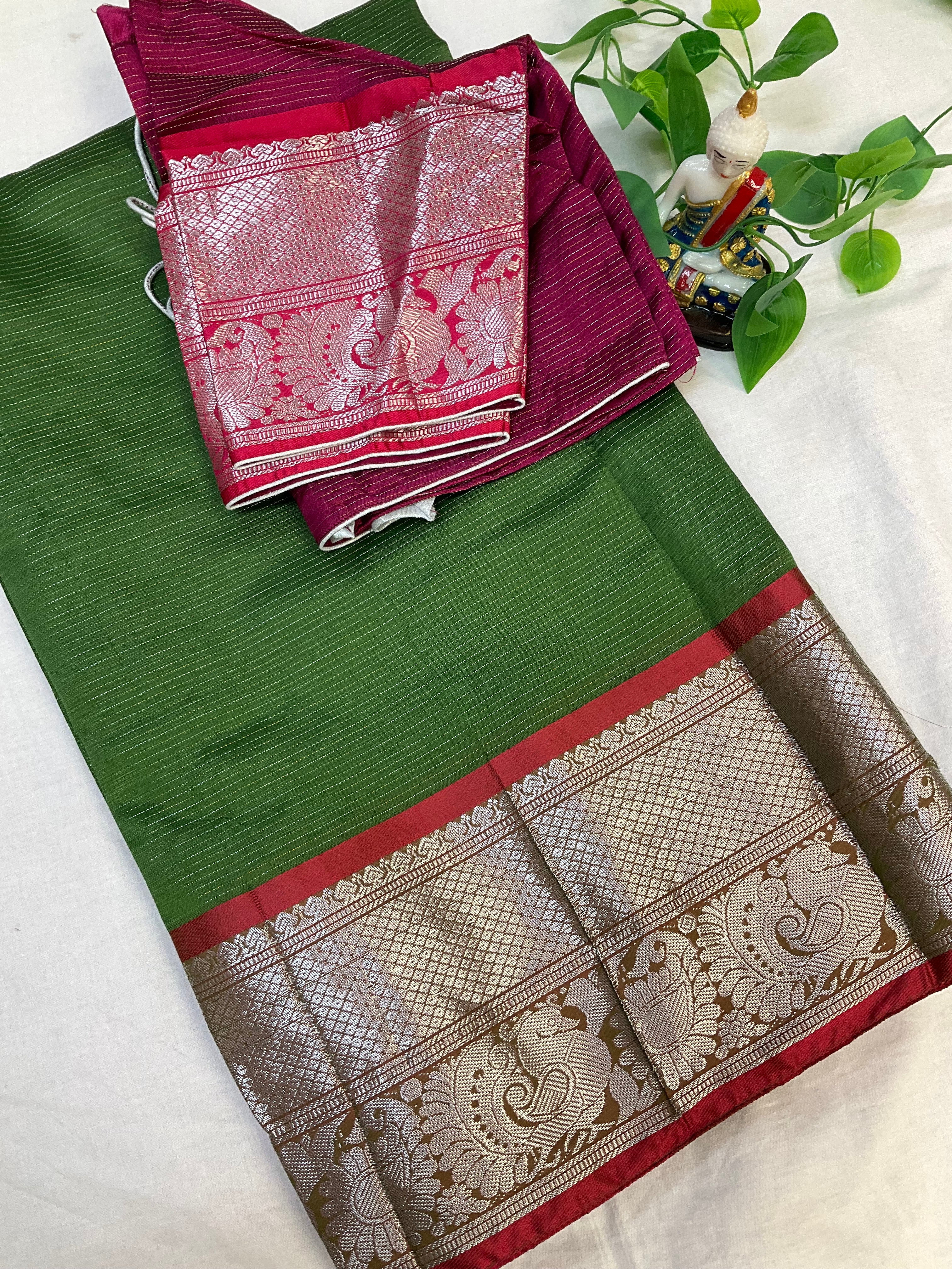 Mangalagiri Green Silk Saree with Stitched Blouse