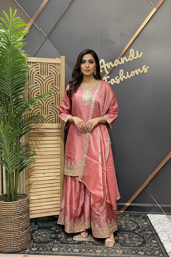 Women's Tissue Palazzo Embroidered Sharara Set
