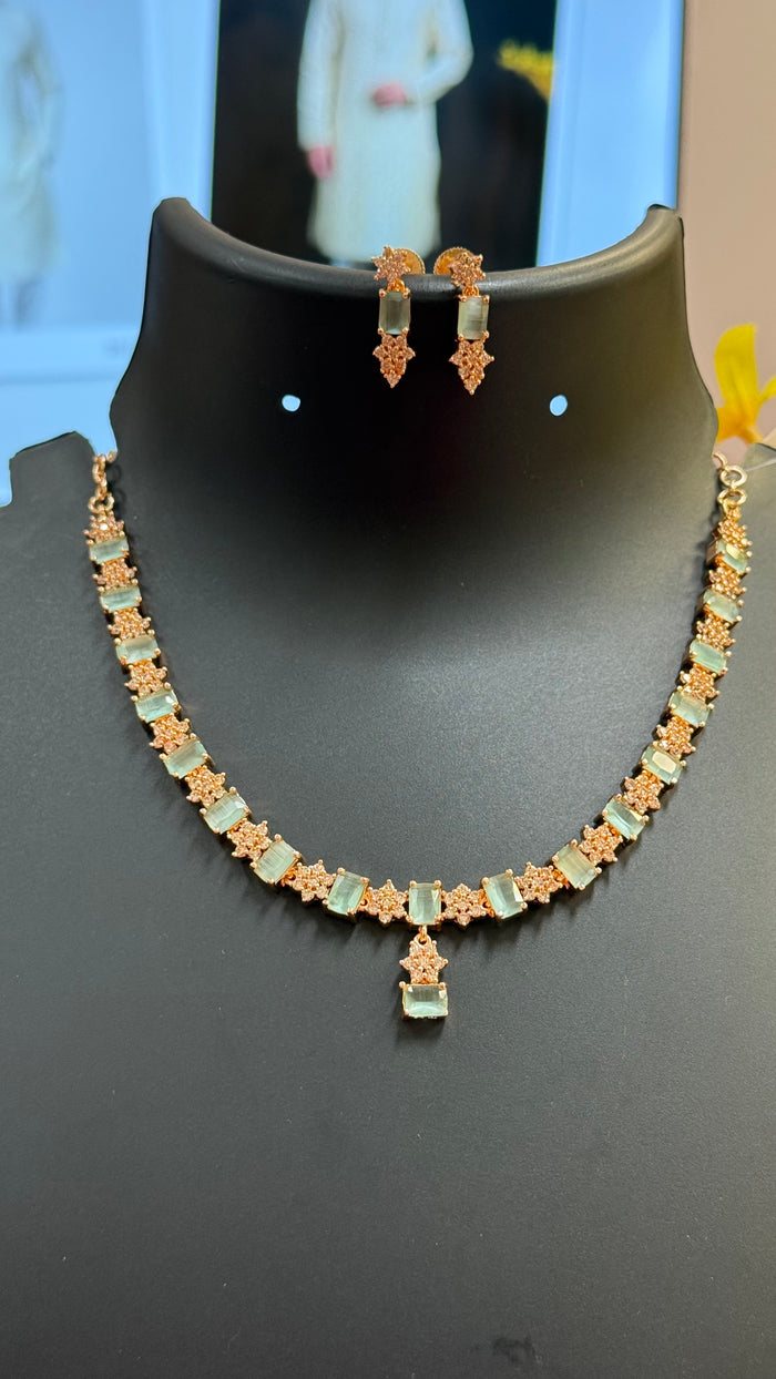 Rose Gold CZ  Necklace set with Mint Green Stones