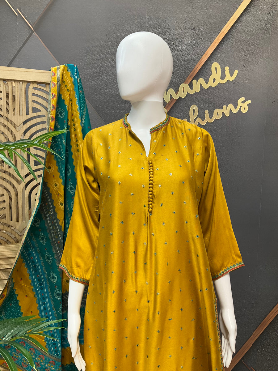 Women’s Mustard Yellow Pure Gajji Silk Kurti Set