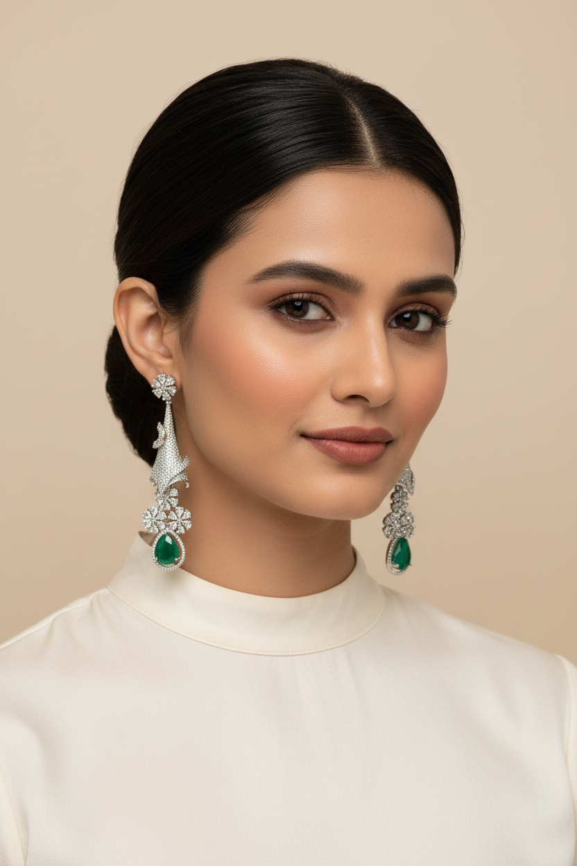 Designer Silver Earrings with Emerald