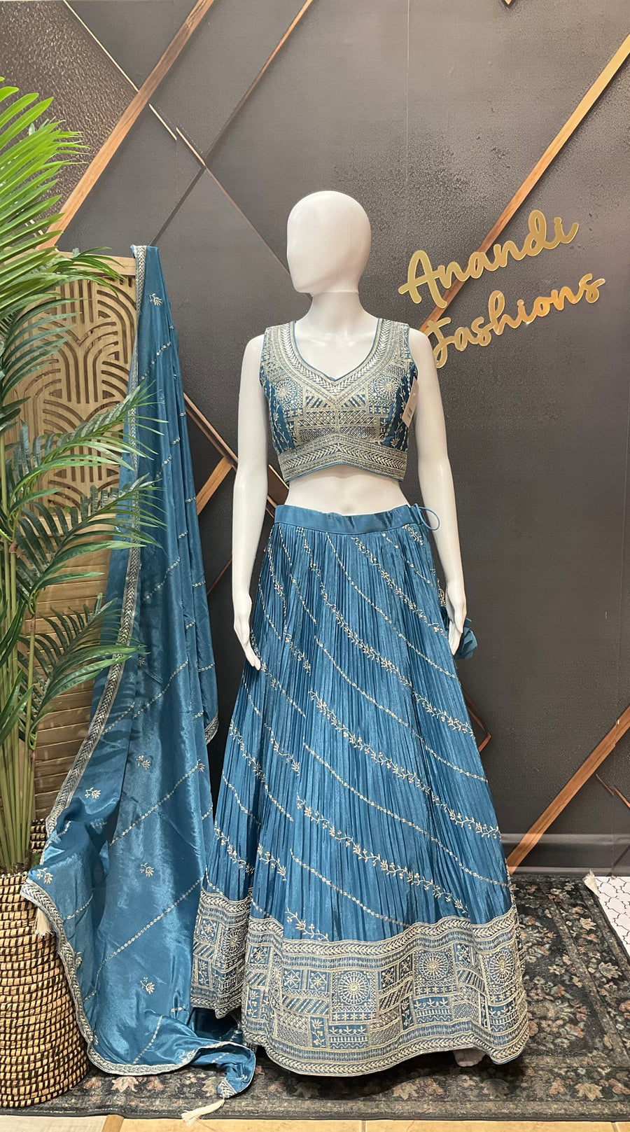 Women’s Teal Blue Embroidered Lehenga Choli with Dupatta