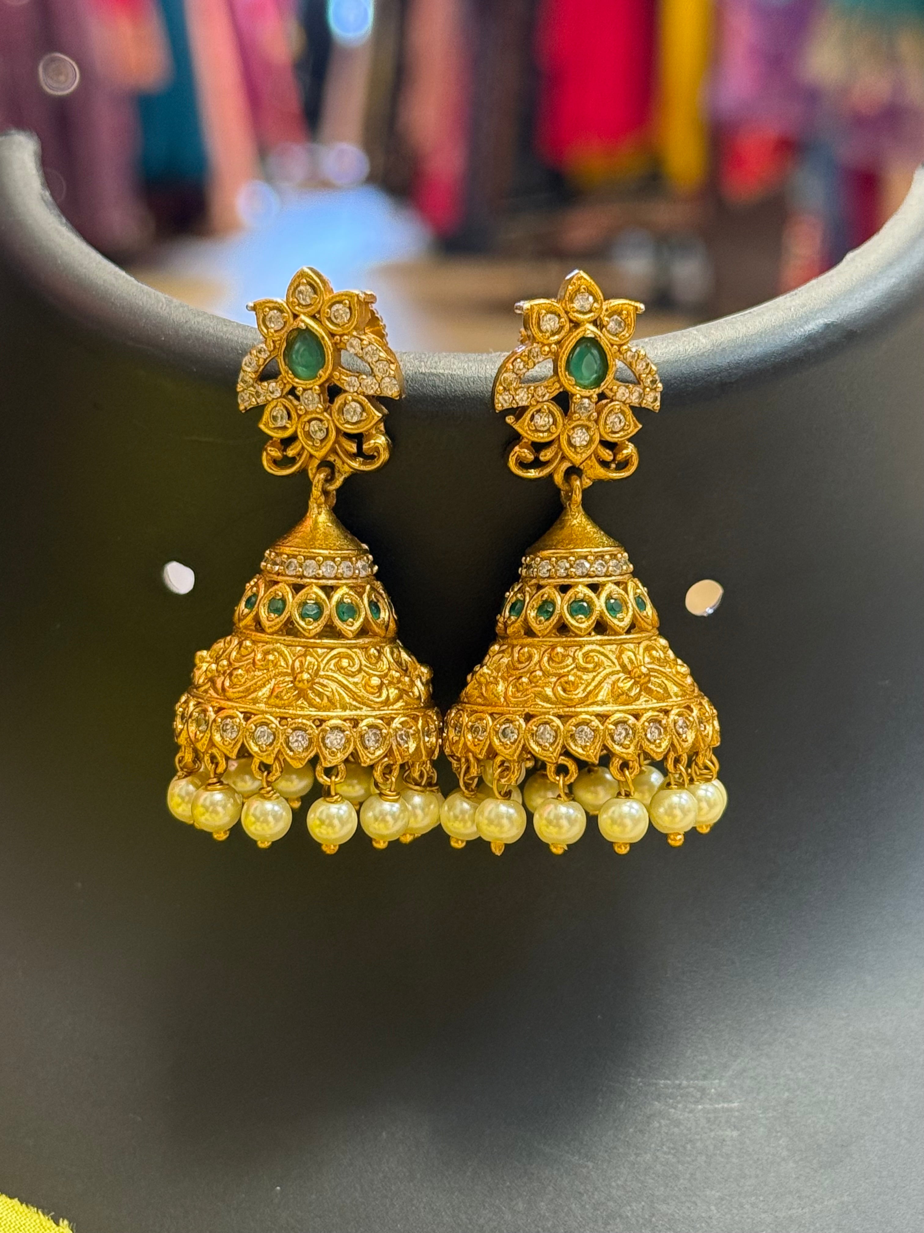 MattFinish Jhumkas/Earrings with AD Stones - Emerald Stones