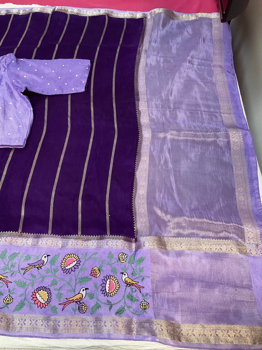 Purple Benarasi saree with Stitched Blouse