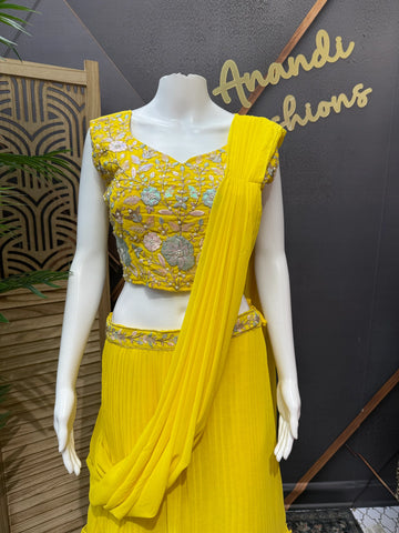 Yellow Party Wear Ready to Wear Saree - Georgette with Overcoat