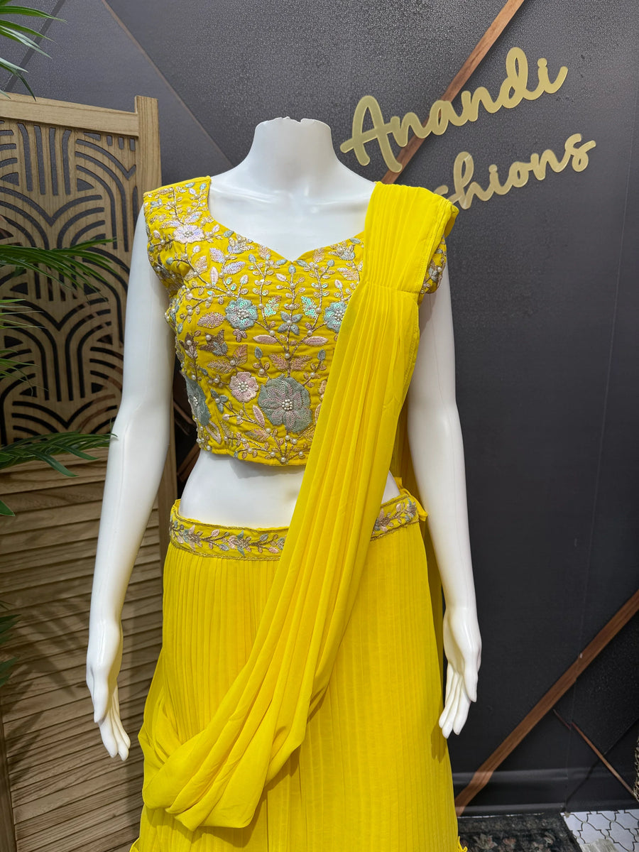 Yellow Party Wear Ready to Wear Saree - Georgette with Overcoat
