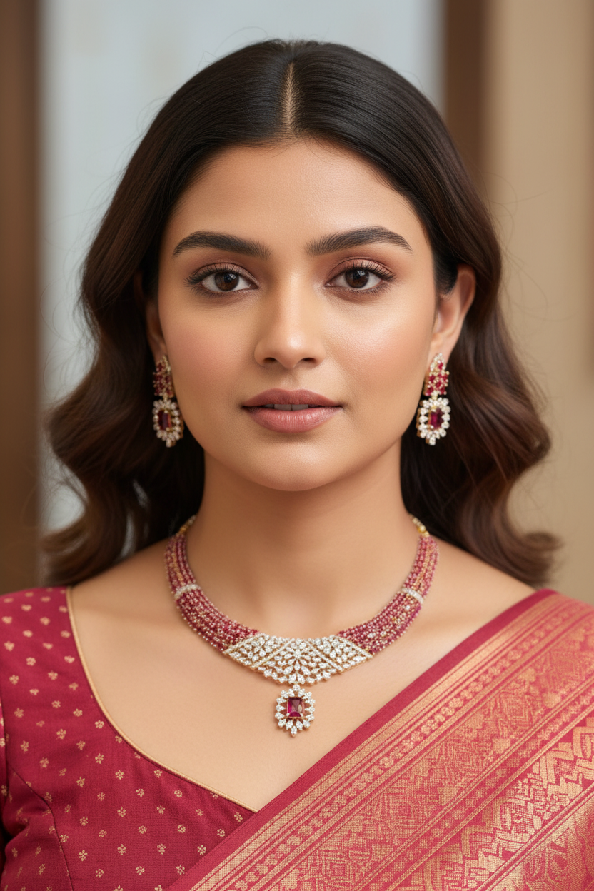 Close-up of woman wearing red saree with gold patterns and matching ruby and diamond necklace and earrings