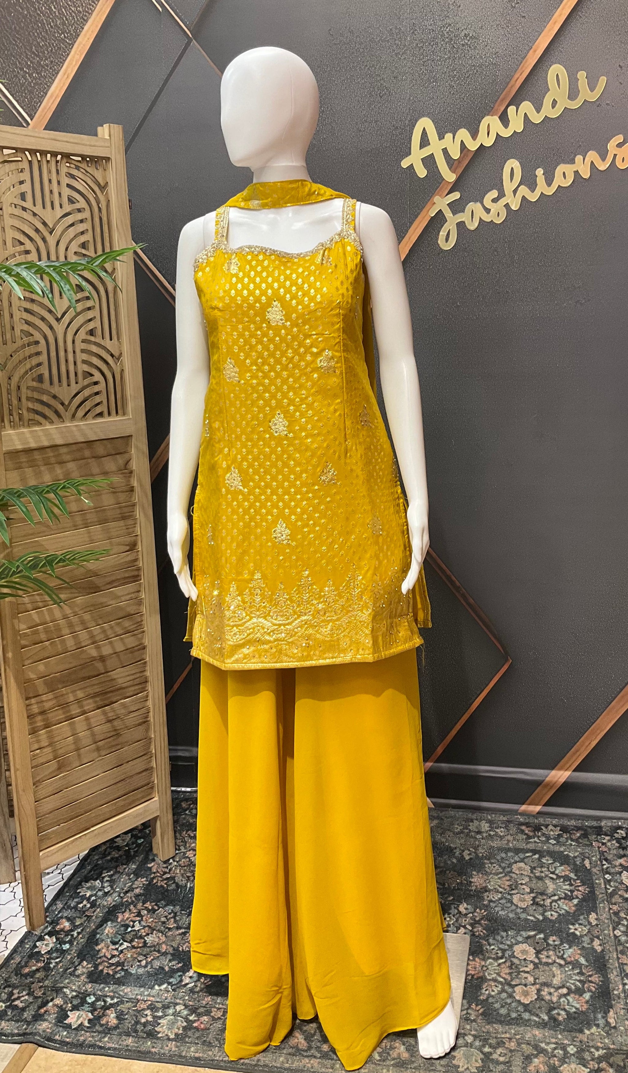 Yellow Benarasi Silk Sleeveless Palazzo Set