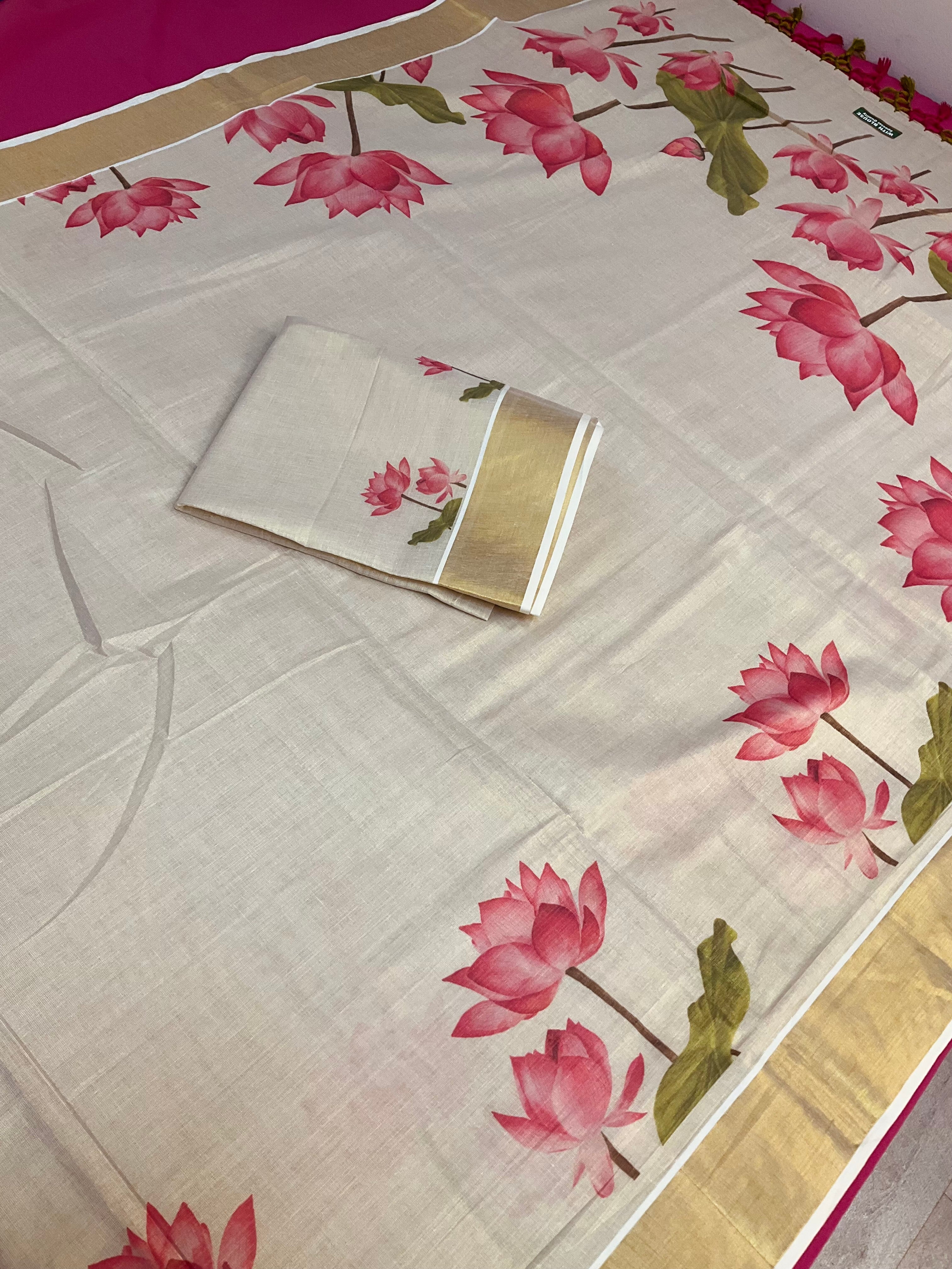 Kerala Set Mundu saree with Lotus Print
