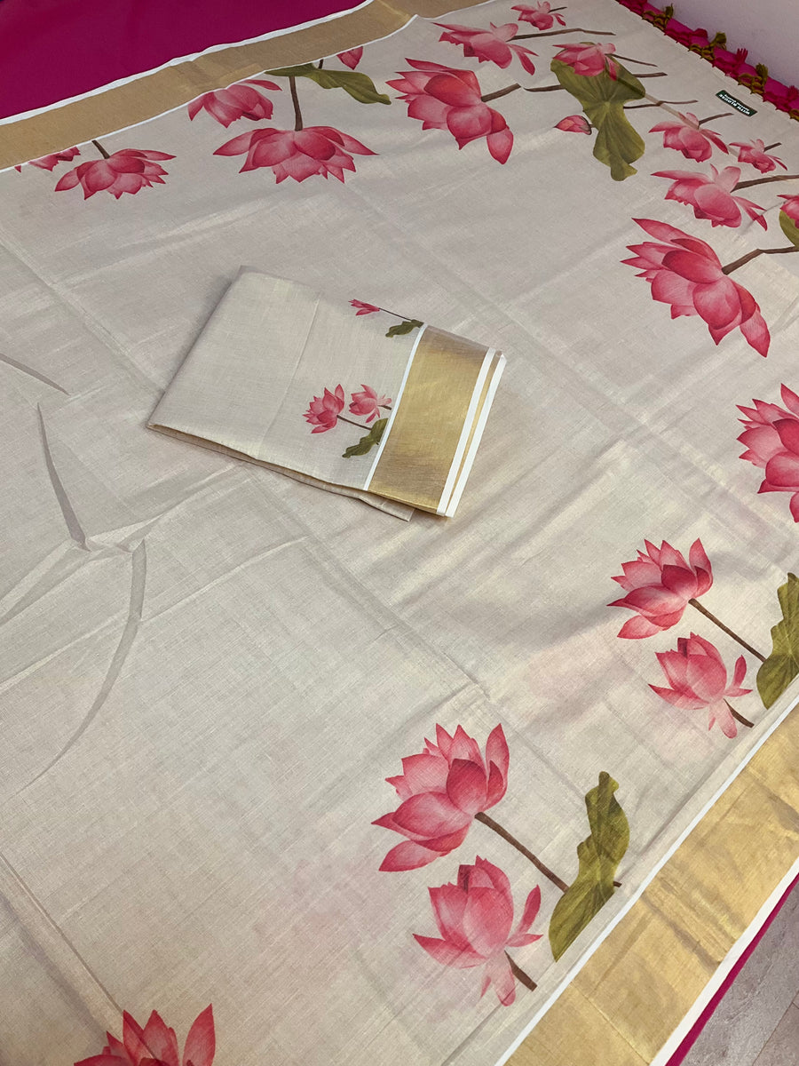 Kerala Set Mundu saree with Lotus Print