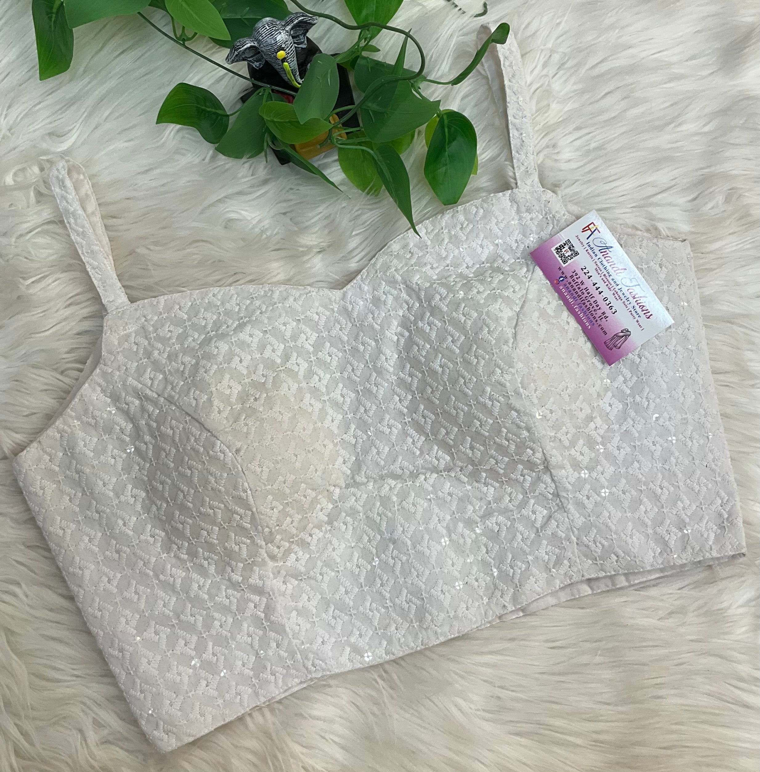 White Chikankari Thin strap Cotton Blouse - Size 38