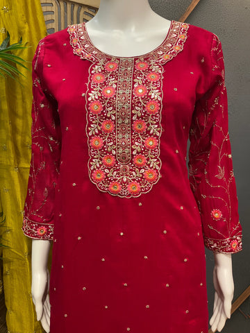 Party Wear Kurti Set with Contrast Dupatta - Vichitra Silk
