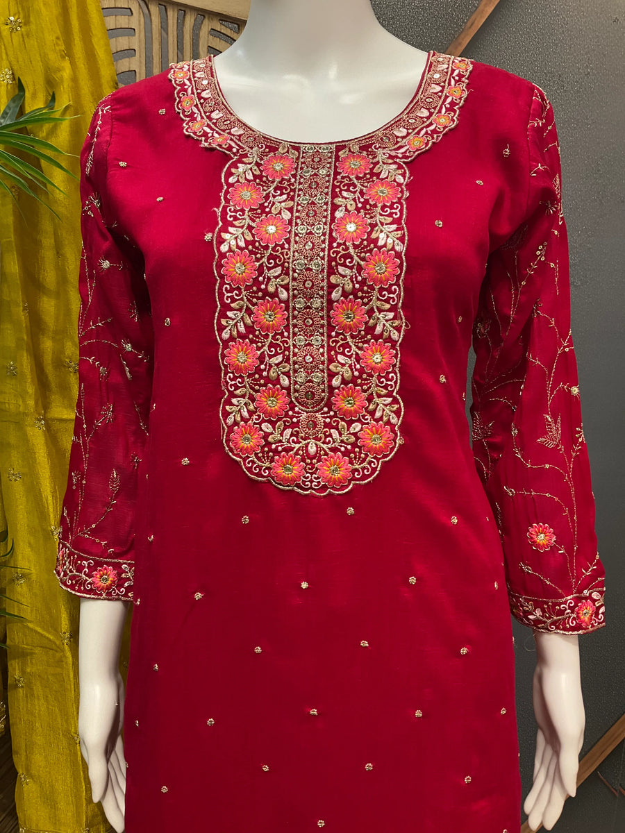 Party Wear Kurti Set with Contrast Dupatta - Vichitra Silk