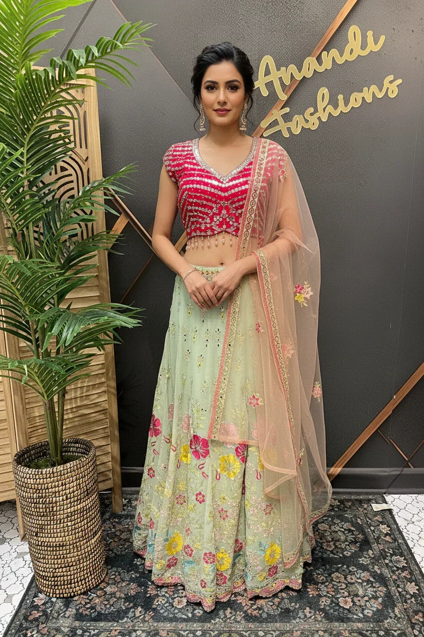 Georgette Lehenga Set with Floral Embroidery - Designer Party & Wedding Wear