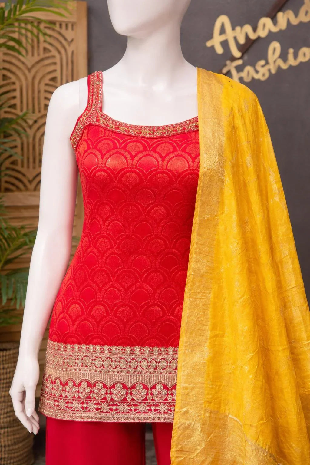 Detail shot of Red Sleeveless Sharara Set with Gold Zari Work - Premium Party Wear