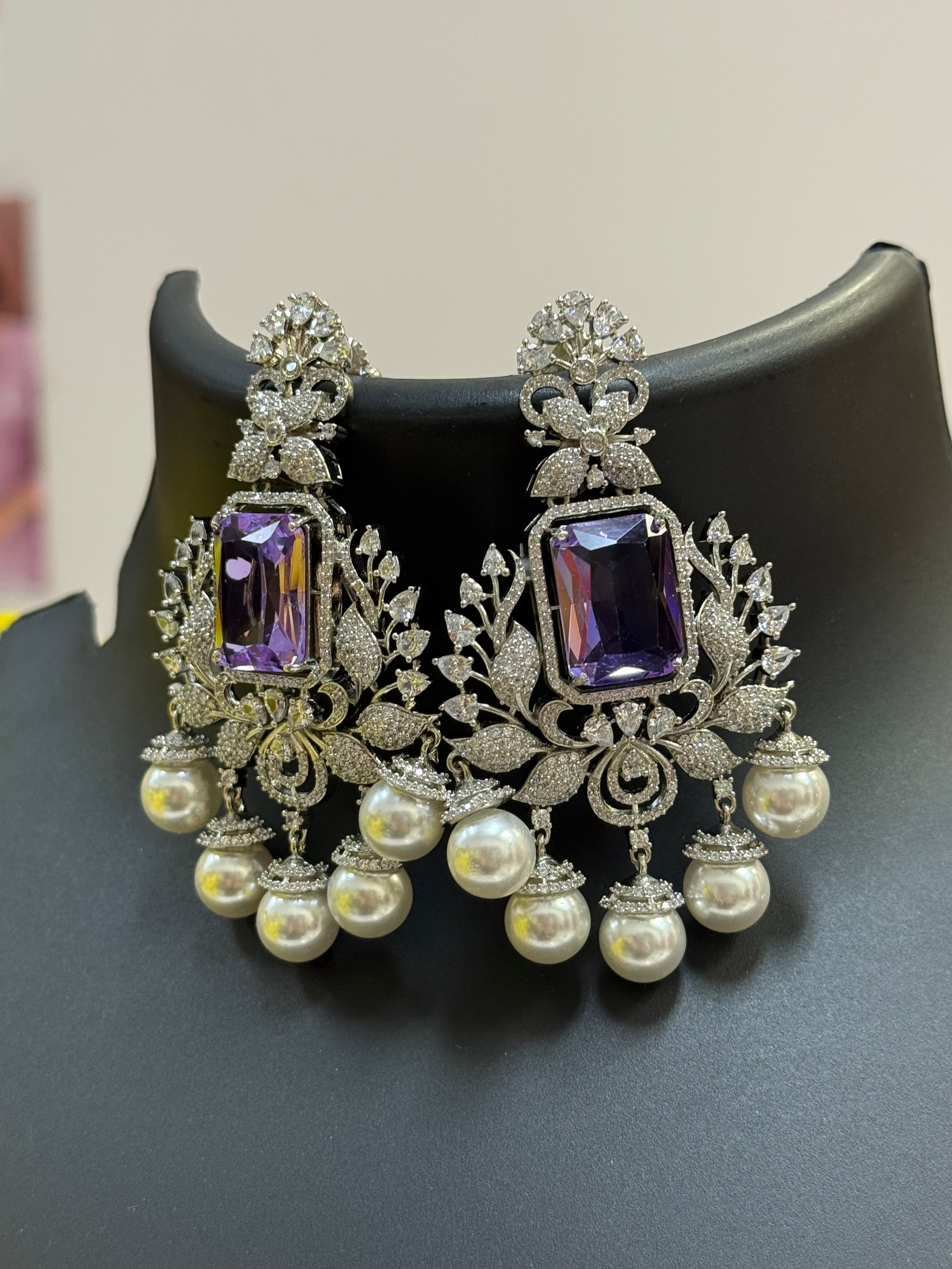 Party Wear Silver Finish Earrings- Purple Stone
