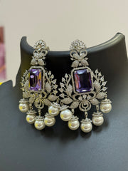Silver Finish Earrings Purple Stone