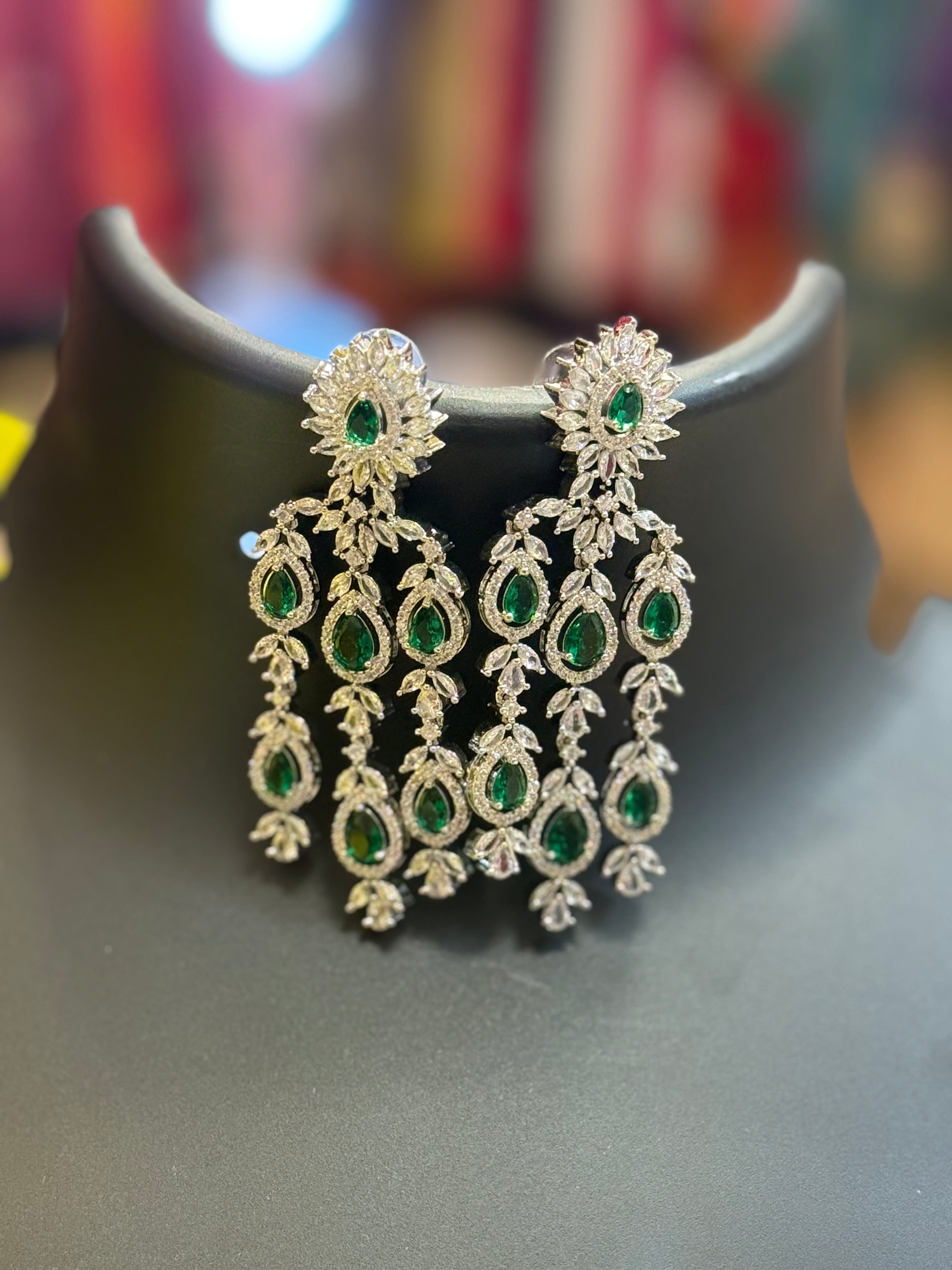 Party Wear Silver Finish Emerald Necklace set