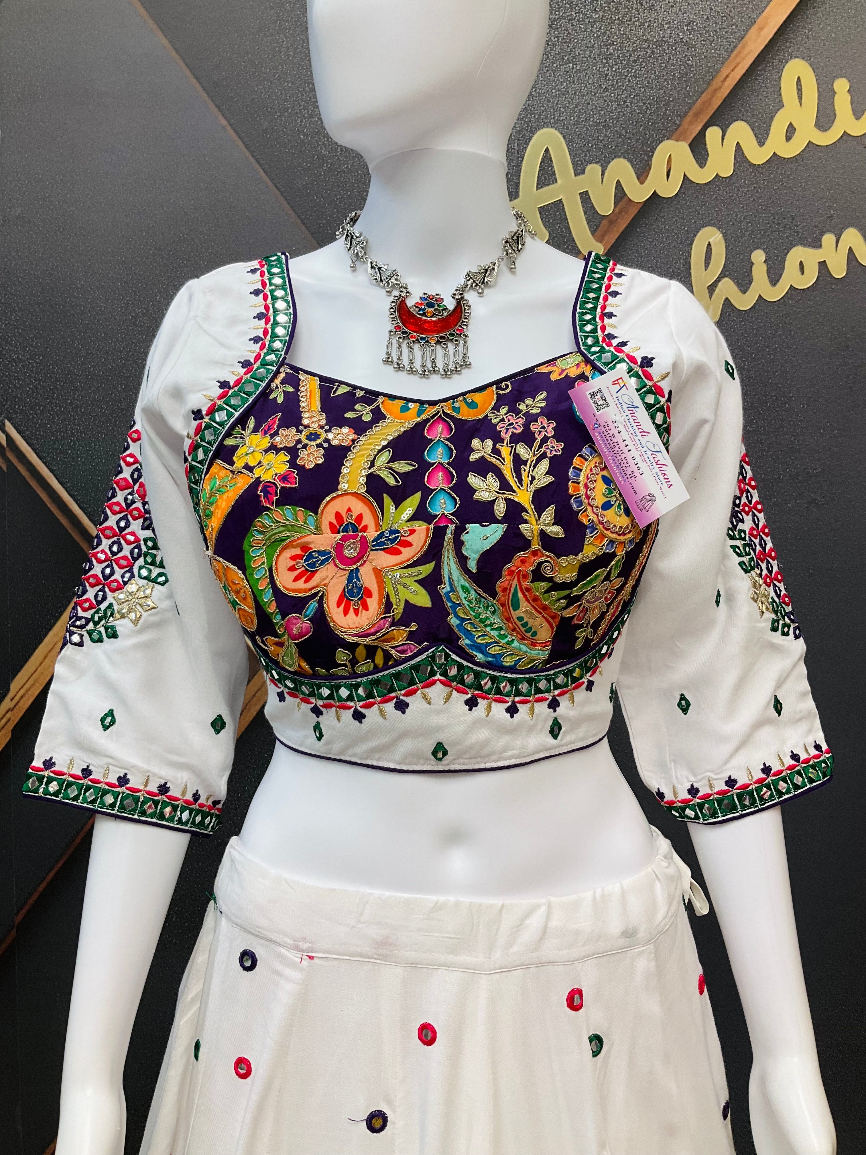 Garba Special White lehanga set with Kalamkari design on the blouse- Size 36(fits upto 44)