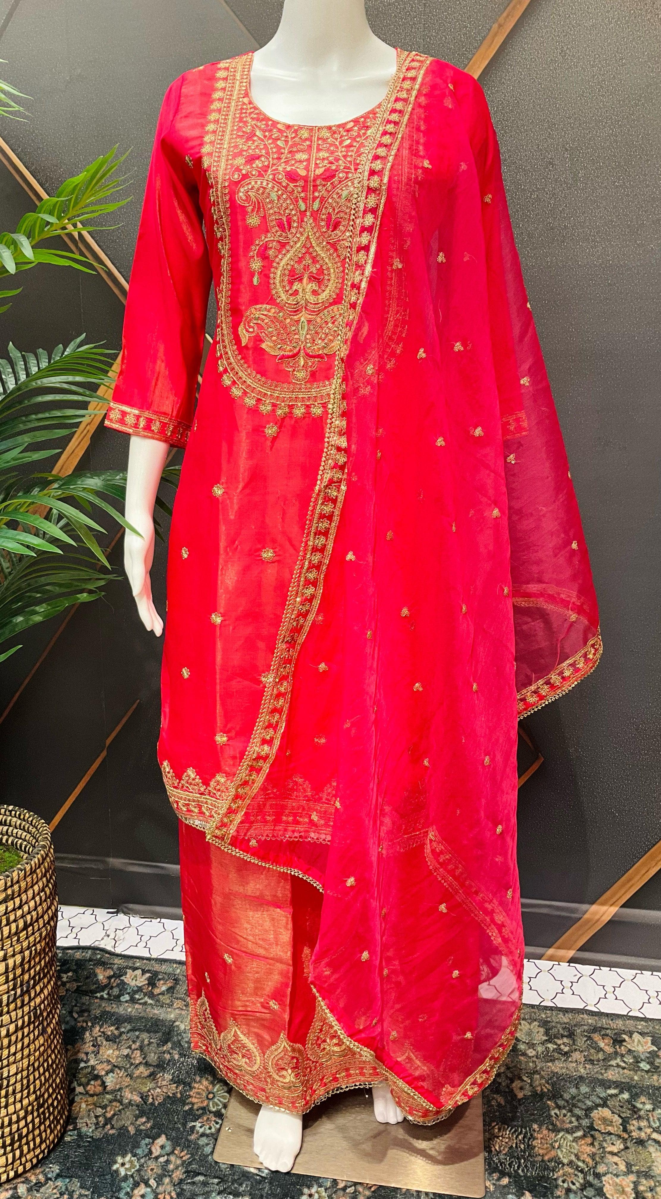 Pink Shimmery Silk Party Wear Sharara Set Size 40 - Embroidery Work