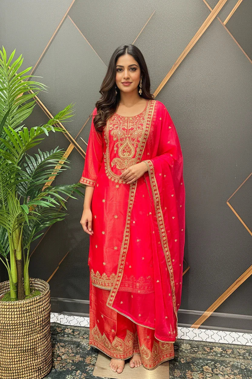 Woman in red embroidered Indian ethnic wear with gold detailing, standing indoors near a decorative wall and potted plant