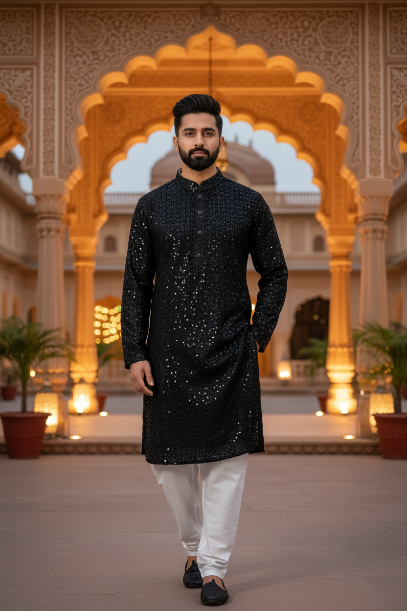 Men’s Black Rayon Chikankari Kurta Set