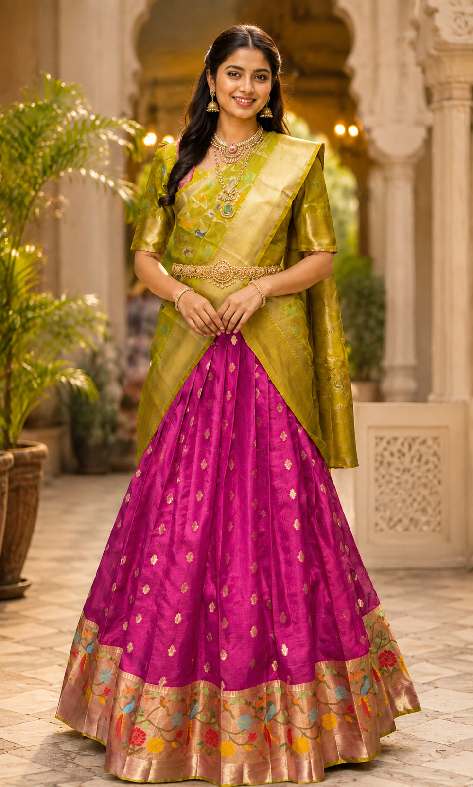 Pink & Green Silk Kota Half Saree set