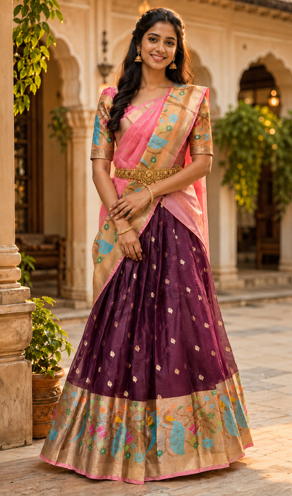 Wine & Baby Pink Silk Kota Half Saree set
