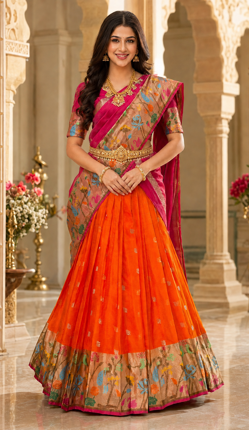 Orange & Pink Silk Kota Half Saree set