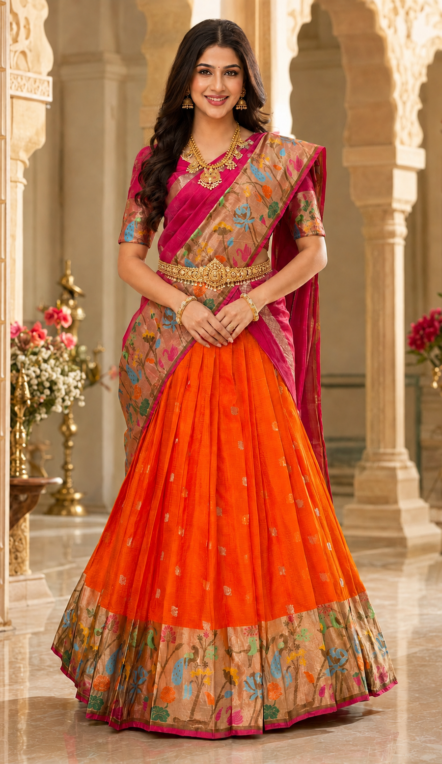 Orange & Pink Silk Kota Half Saree set