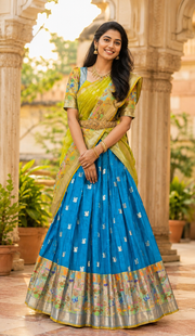 Green & Blue Silk Kota Half Saree set