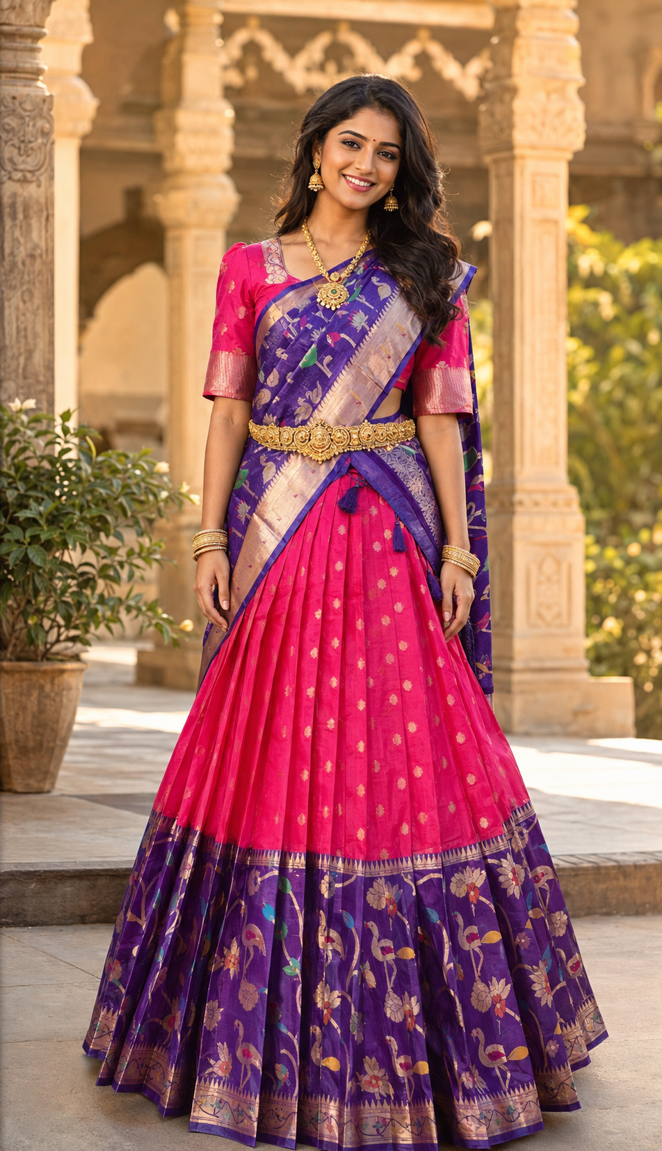 Pink & Purple Silk Kota Half Saree set