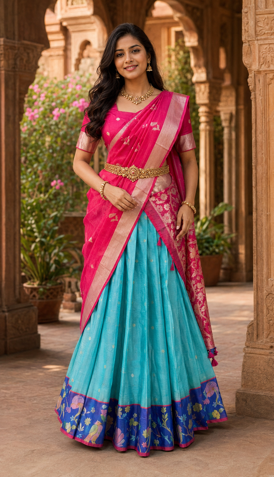 Teenage Girls Blue Zari Kota Half Saree Set