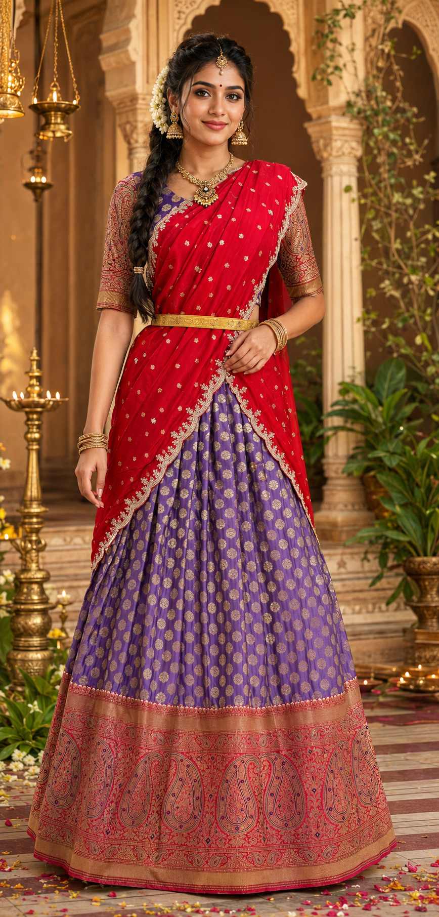 Teenage Girls Purple Banarasi Half Saree Set