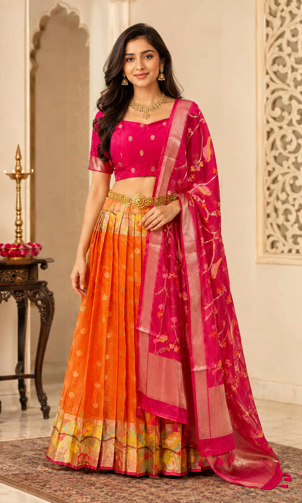 Adult Size Orange Kota Half Saree Set