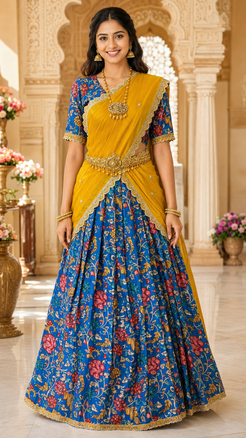 Teenage Girls Royal Blue Kalamkari Half Saree Set