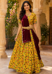 Teenage Girls’’ Yellow Silk Kalamkari Half Saree/Lehenga Set
