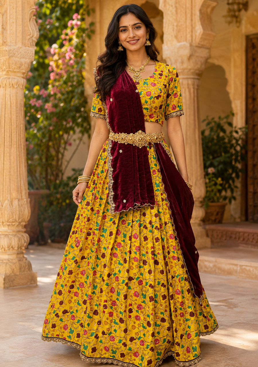 Teenage Girls’’ Yellow Silk Kalamkari Half Saree/Lehenga Set
