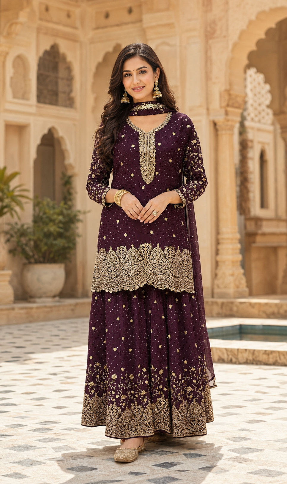 Plus Size Wine color Party Wear Sharara set