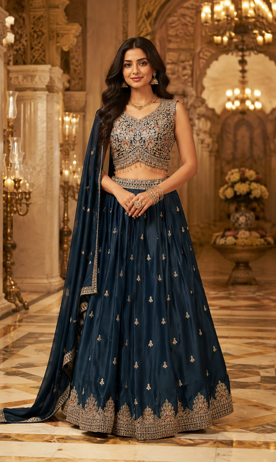 Teal Blue Party Wear Satin Silk Lehanga set
