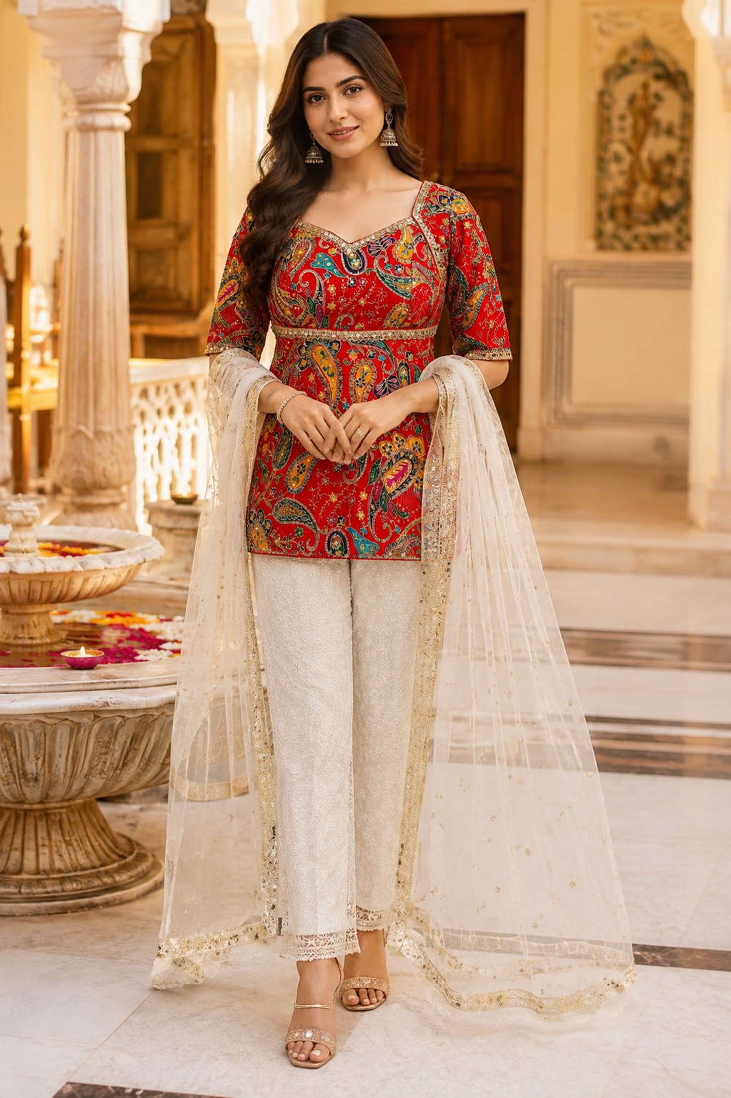 Red Georgette Embroidery Work Long Blouse