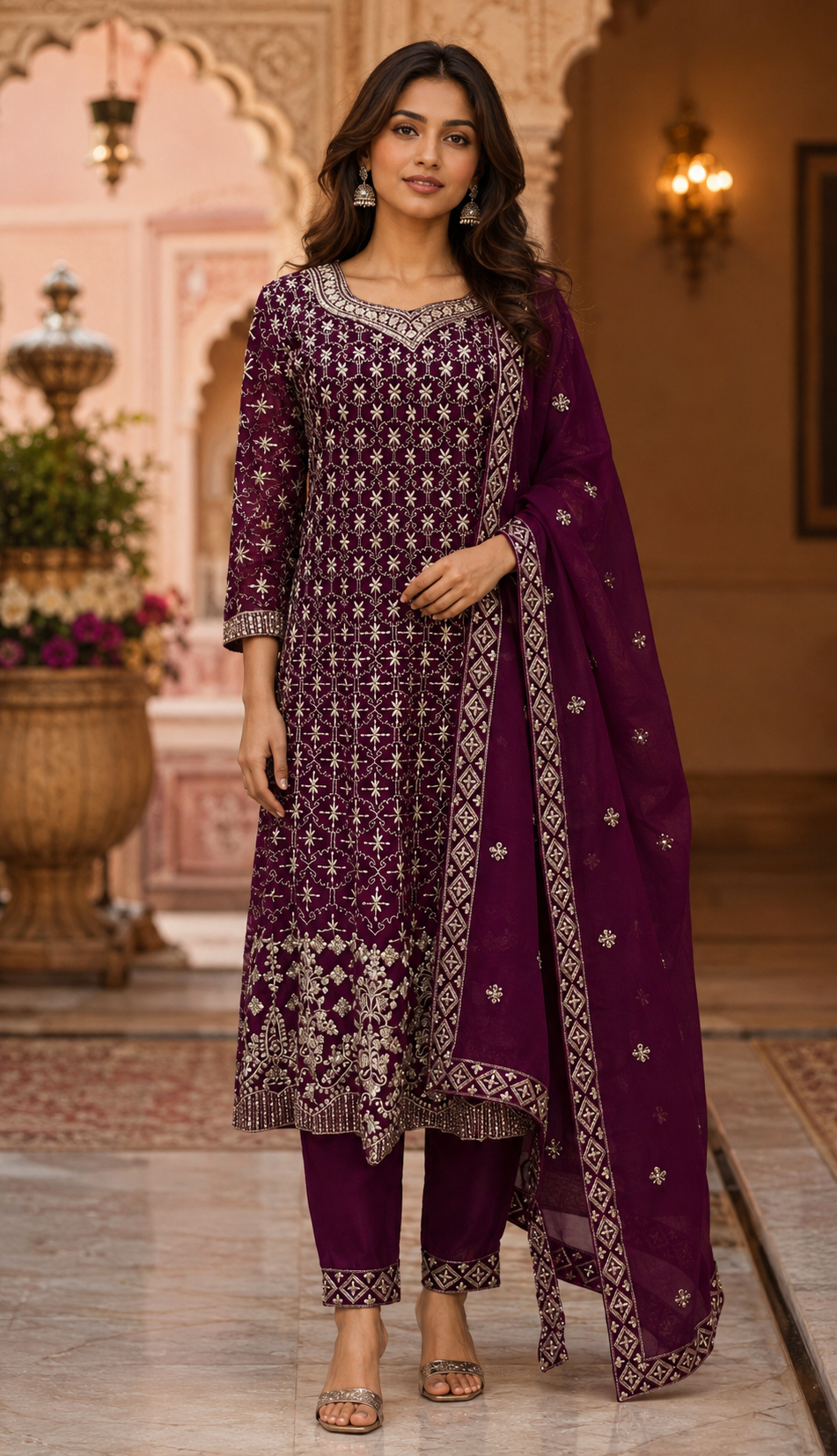 Wine Georgette Anarkali Model Party Wear Kurti set