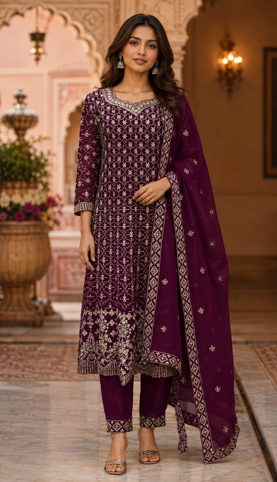 Wine Georgette Anarkali Model Party Wear Kurti set